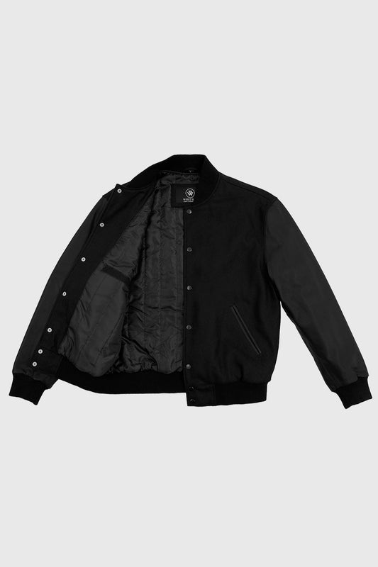 Varsity Black Wool Body/Black Leather Sleeves Men's Varsity Jacket FMCo   