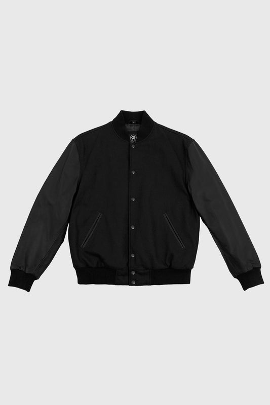 Varsity Black Wool Body/Black Leather Sleeves Men's Varsity Jacket FMCo XXS Black 