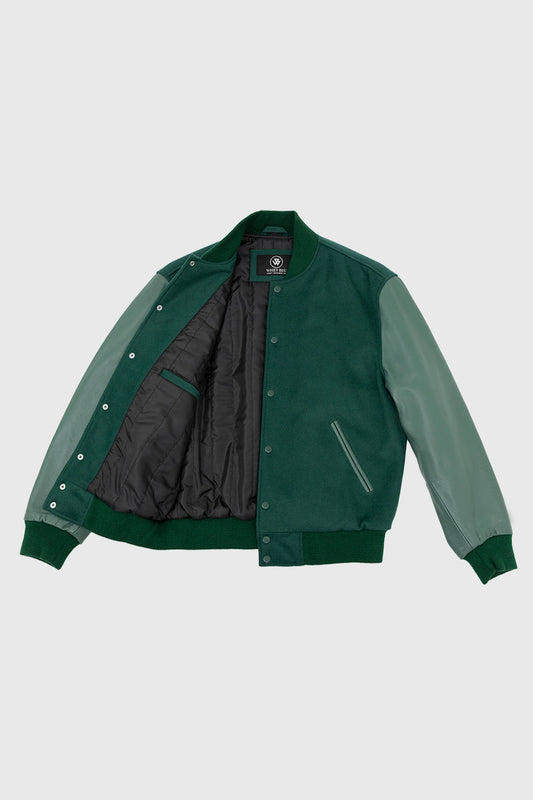 Varsity Green Wool Body/Green Leather Sleeves Men's Varsity Jacket FMCo   