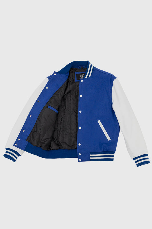 Varsity Royal Blue Wool Body/White Leather Sleeves Men's Varsity Jacket FMCo   