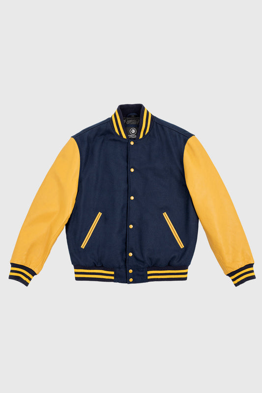 Varsity Navy Blue Wool Body/ Gold Leather Sleeves Men's Varsity Jacket FMCo XXS NAVY BLUE/GOLD 