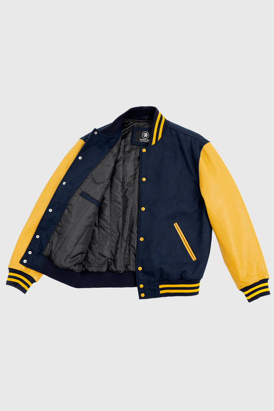 Varsity Navy Blue Wool Body/ Gold Leather Sleeves Men's Varsity Jacket FMCo   