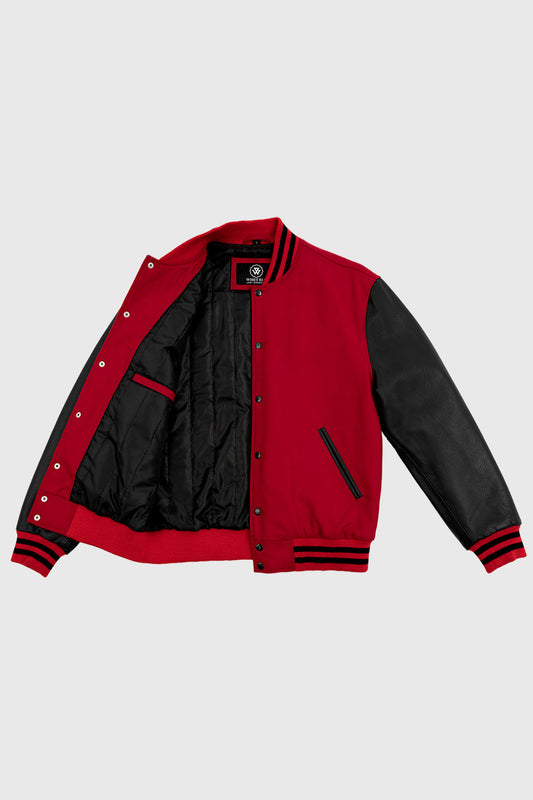 Varsity Red Wool Body/ Black Leather Sleeves Men's Varsity Jacket FMCo   