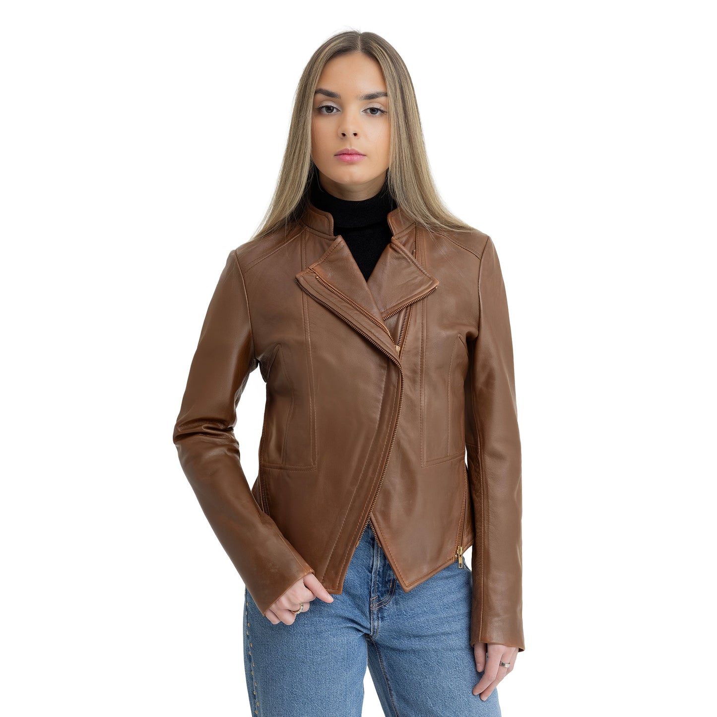 Zoey Womens Fashion Leather Jacket Women's Leather Jacket FMCo Whiskey XS