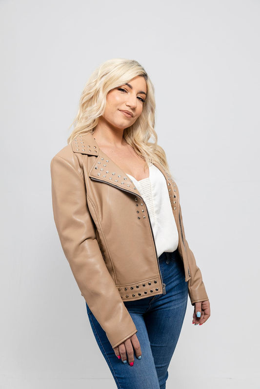 Sandy Women's Vegan Faux Leather Jacket (Beige) Women's Fashion Leather Jacket FMCo Beige XS 