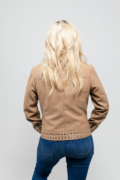 Sandy Women's Vegan Faux Leather Jacket (Beige) Women's Fashion Leather Jacket FMCo   