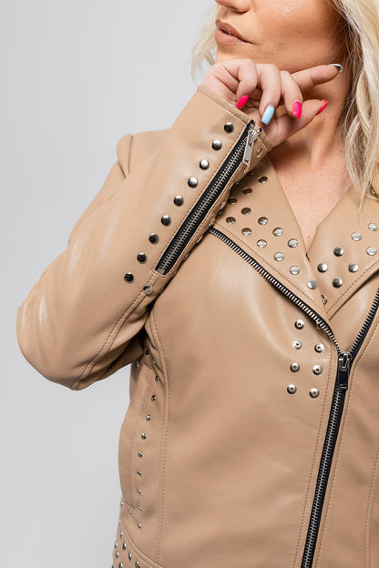 Sandy Women's Vegan Faux Leather Jacket (Beige) Women's Fashion Leather Jacket FMCo   