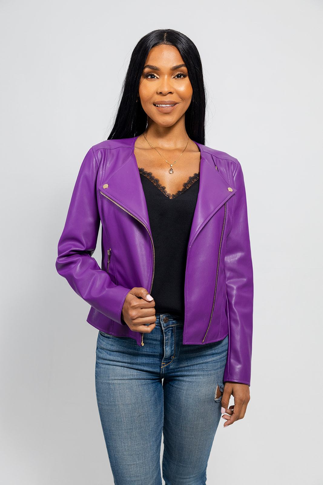 Violet Women's Vegan Faux Leather Jacket Women's Fashion Leather Jacket FMCo Dark Purple XS 