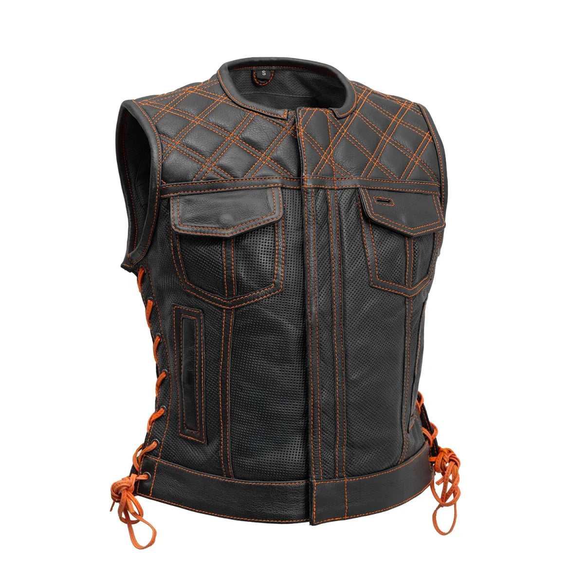 Bonnie Perforated Women's Motorcycle Leather Vest Orange and Grey Women's Perforated Leather Vest Vests Black Orange XS