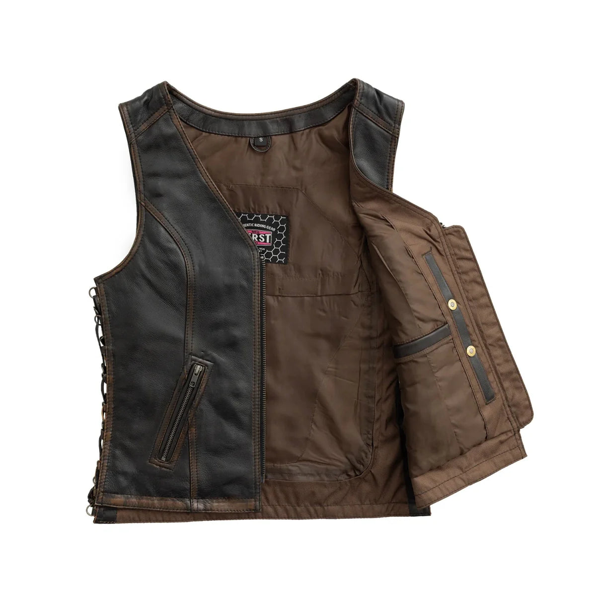 Cindy - Women's Motorcycle Leather Vest Brown Beige Women's Leather Vest First Manufacturing Company