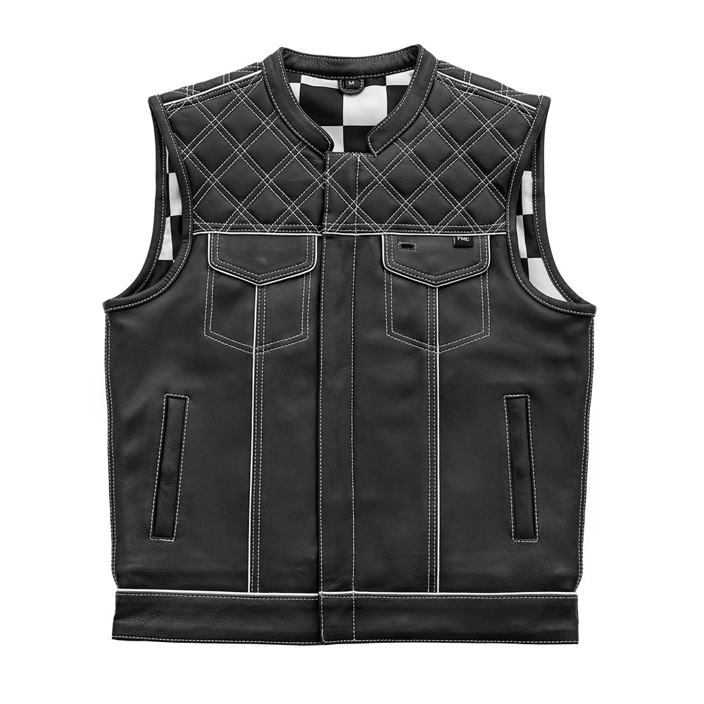 Finish Line - White Checker - Men's Motorcycle Leather Vest Men's Leather Vest First Manufacturing Company Black White S