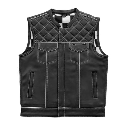 Finish Line - White Checker - Men's Motorcycle Leather Vest Men's Leather Vest First Manufacturing Company Black White S