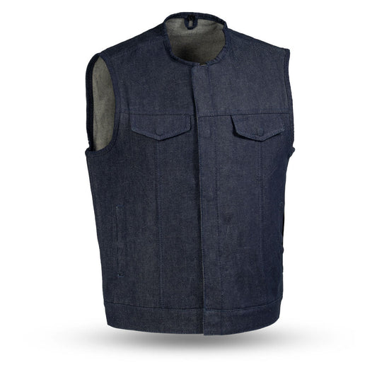 Haywood Men's Motorcycle Denim Vest - Blue Men's Denim Vest First Manufacturing Company Blue S