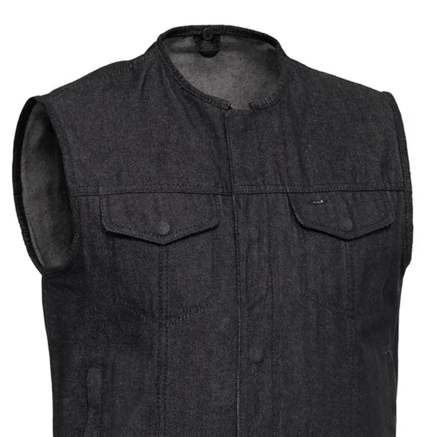 Haywood Men's Motorcycle Denim Vest - Black Men's Denim Vest First Manufacturing Company