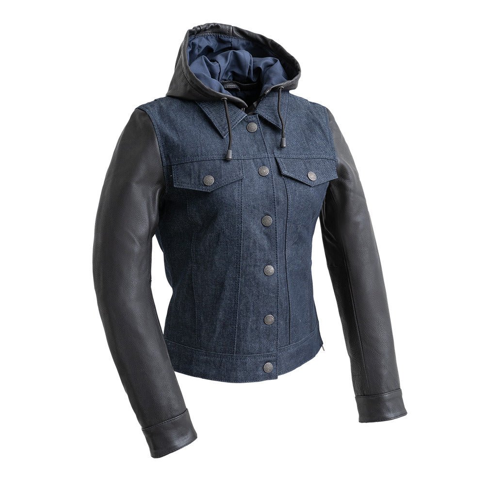 Holli - Motorcycle Denim/Leather Jacket Women's Leather Jacket First Manufacturing Company Blue XS