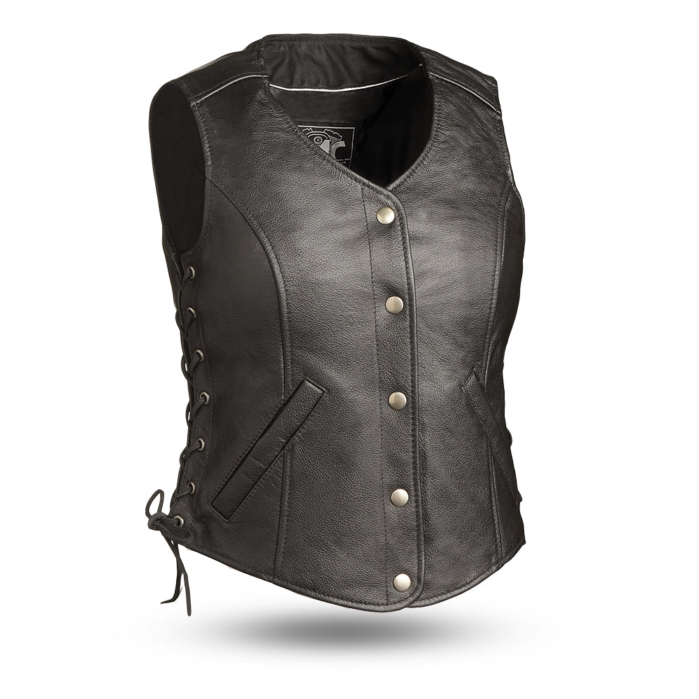 Honey Badger Women's Motorcycle Leather Vest Women's Leather Vest First Manufacturing Company Standard Black XS