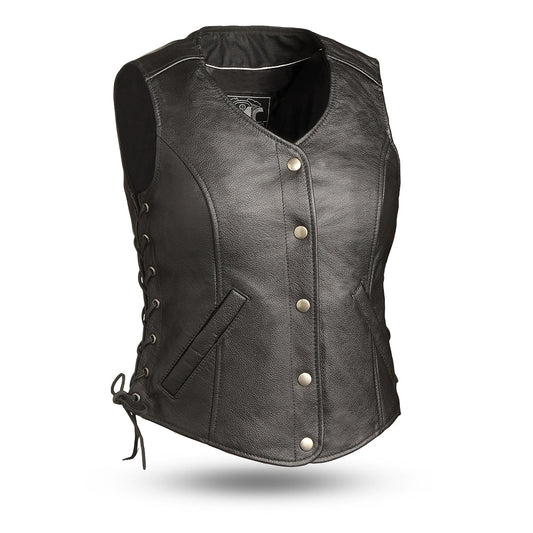 Honey Badger Women's Motorcycle Leather Vest Women's Leather Vest First Manufacturing Company Standard Black XS