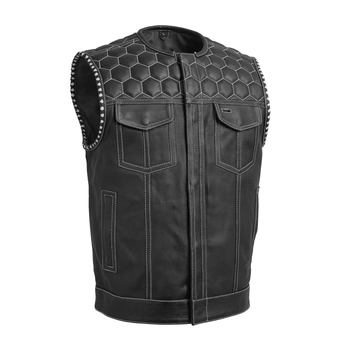 Hornet Perforated Men's Club Style Leather Vest Men's Perforated Leather Vest First Manufacturing Company Black White S