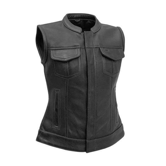 Jessica Perforated Women's Motorcycle Leather Vest Women's Perforated Leather Vest First Manufacturing Company Black XS