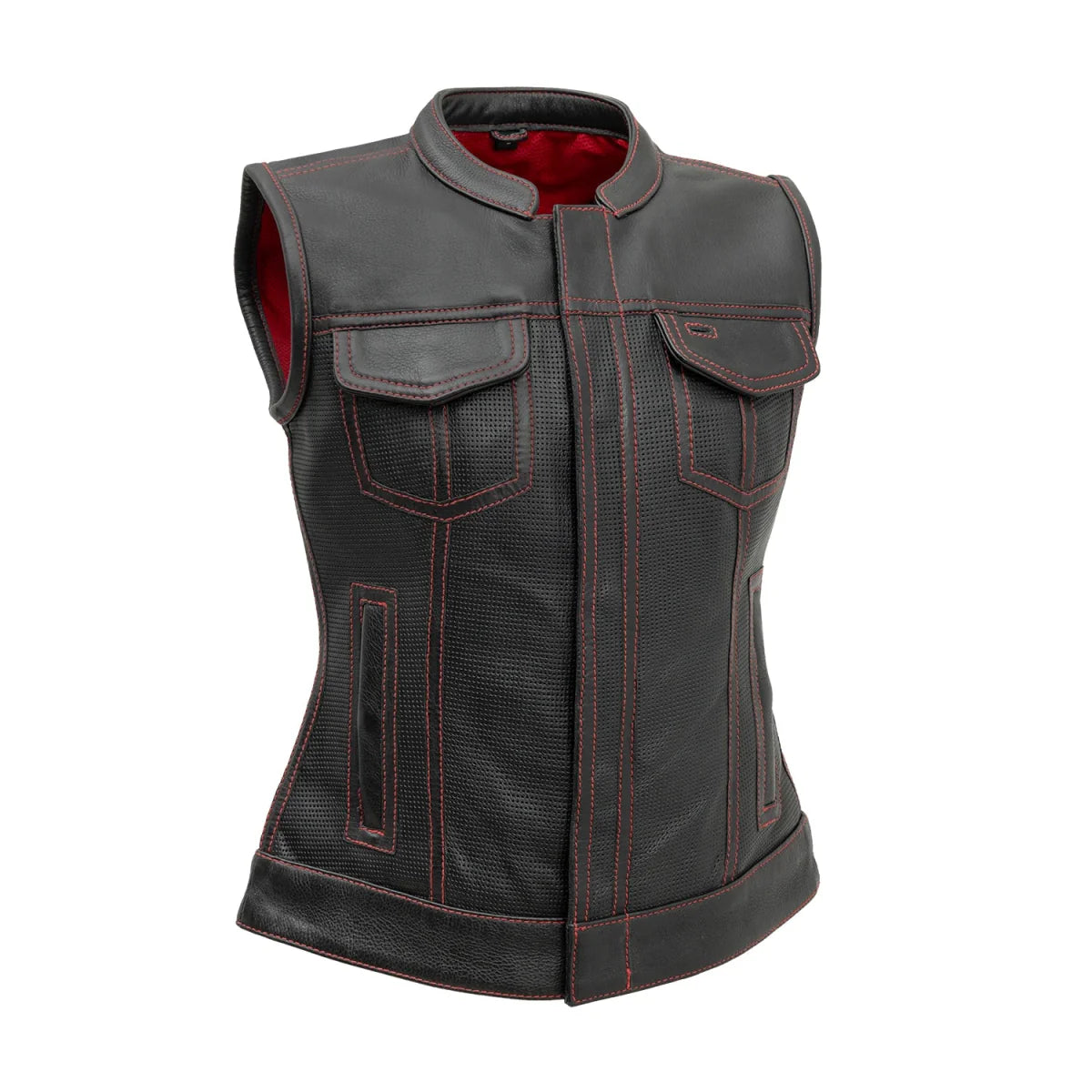 Jessica Perforated Women's Motorcycle Leather Vest Women's Perforated Leather Vest First Manufacturing Company Black Red XS
