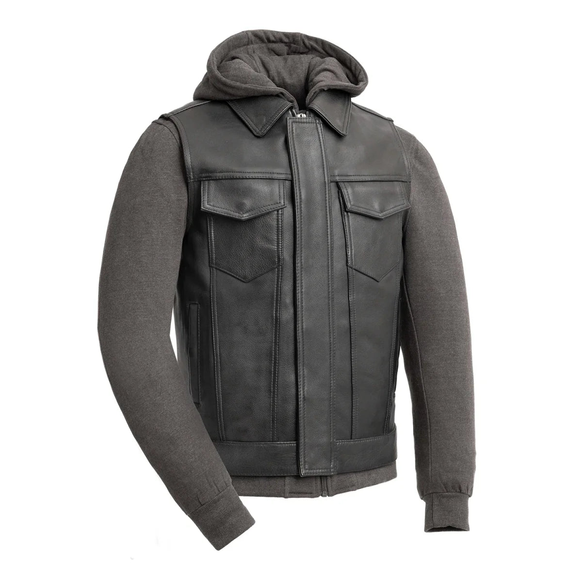 Kent Men's Motorcycle Leather Vest and Hoodie Black and Grey Men's Hoodie First Manufacturing Company