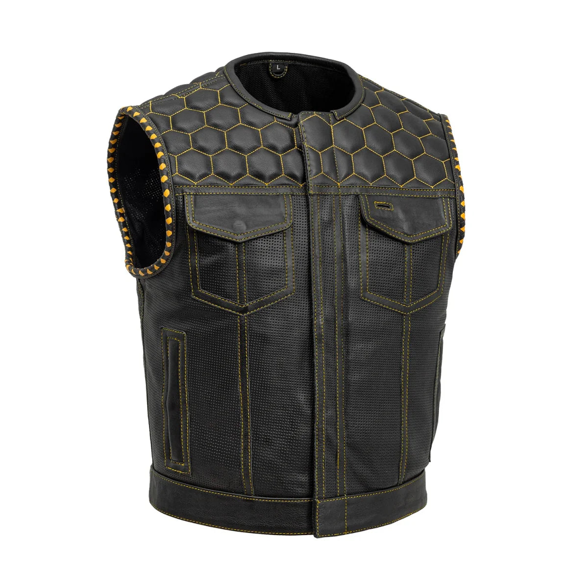 Lowside Hornet Perforated Men's Club Style Leather Vest Men's Perforated Leather Vest First Manufacturing Company Black Gold S
