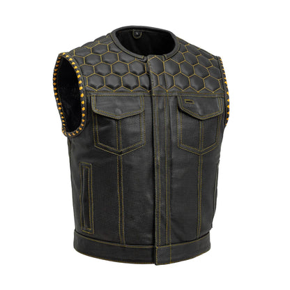 Lowside Hornet Perforated Men's Club Style Leather Vest Men's Perforated Leather Vest First Manufacturing Company Black Gold S