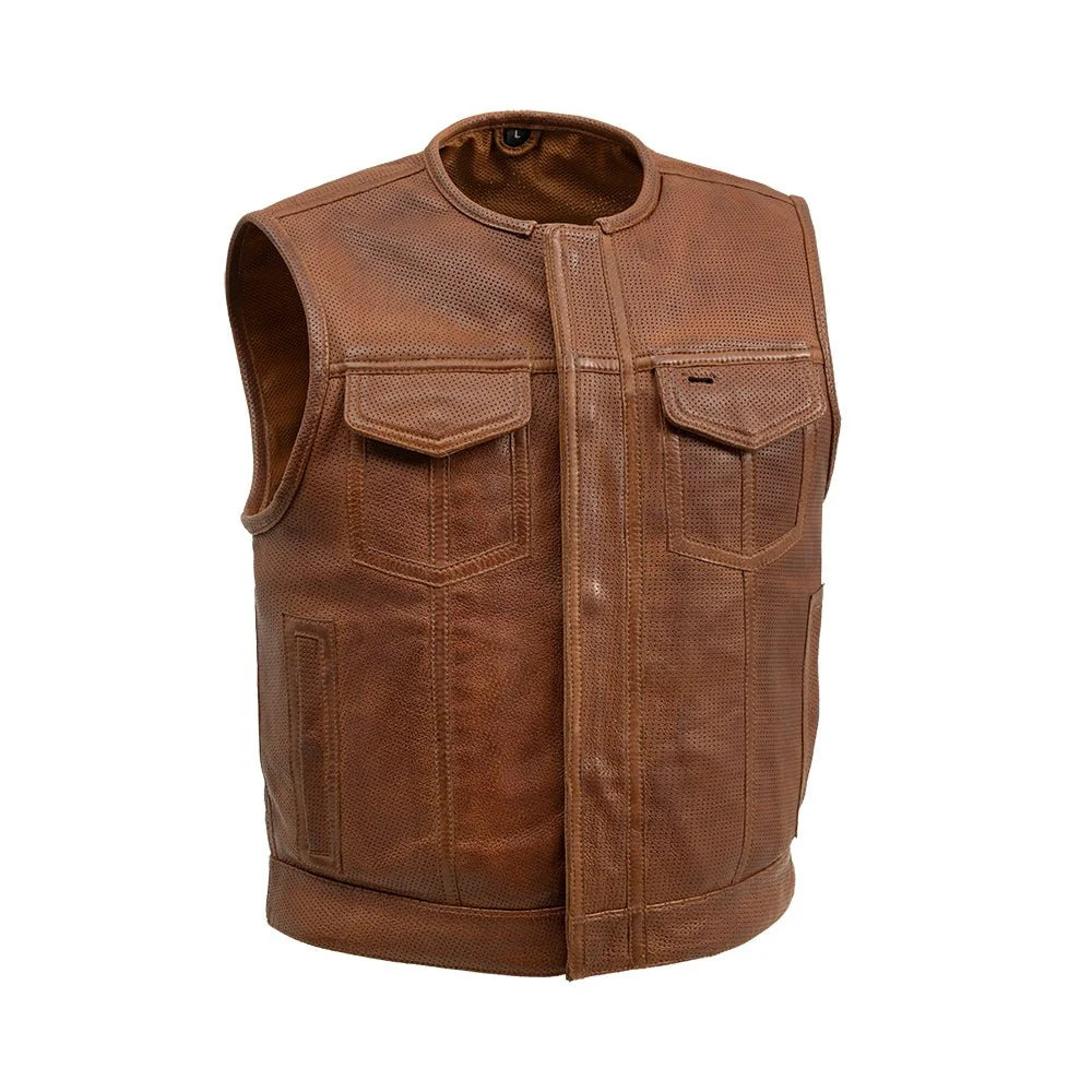 Lowside Men's Perforated Motorcycle Leather Vest Men's Perforated Leather Vest First Manufacturing Company Cognac S